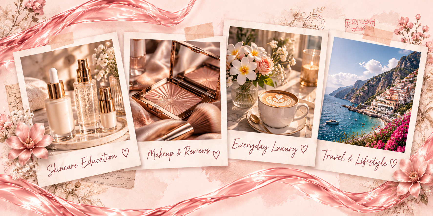 Scrapbook photographs of skincare, makeup, coffee, flowers and coastal travel