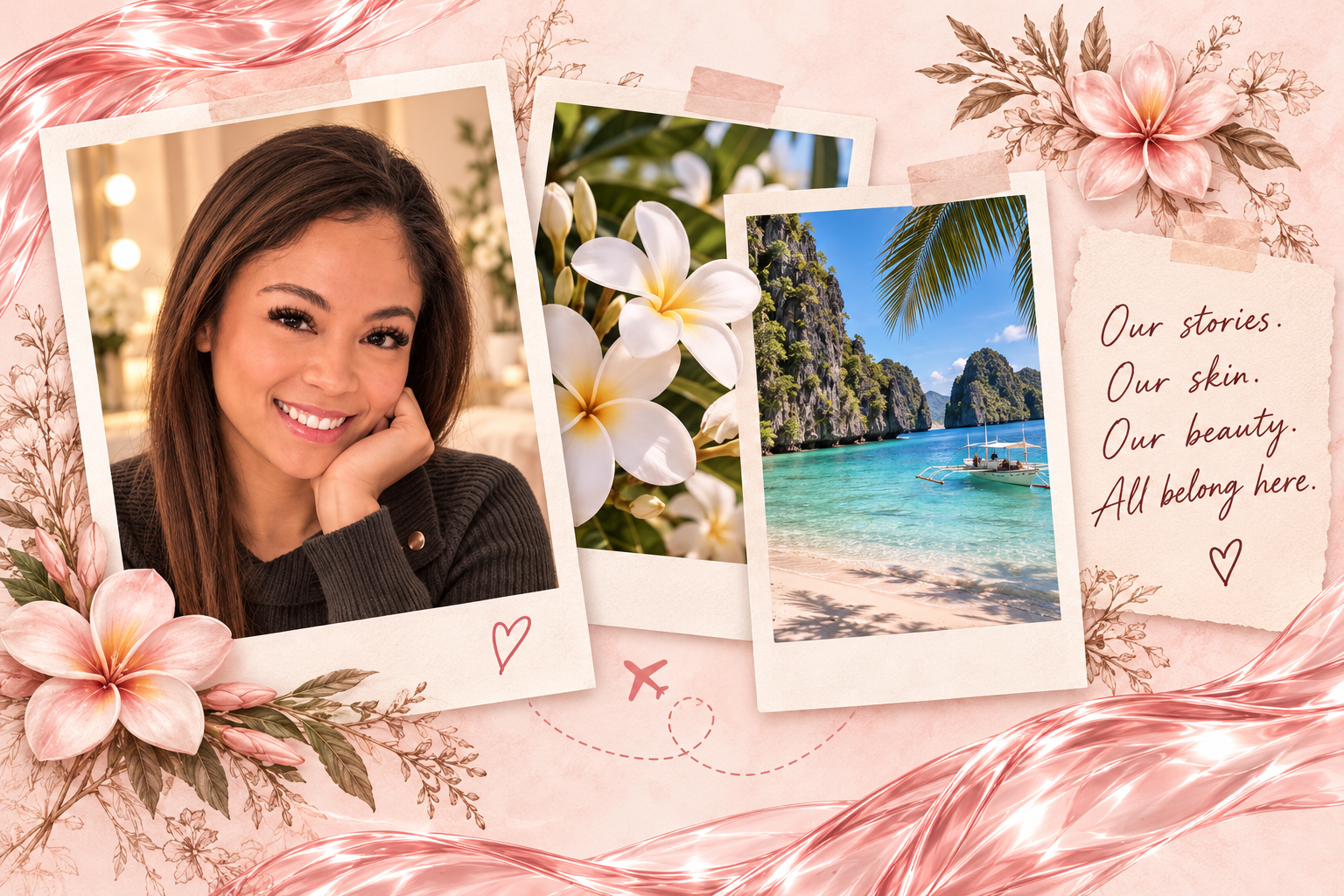 Danikka portrait, white tropical flowers and Philippine coastal scenery in layered scrapbook frames