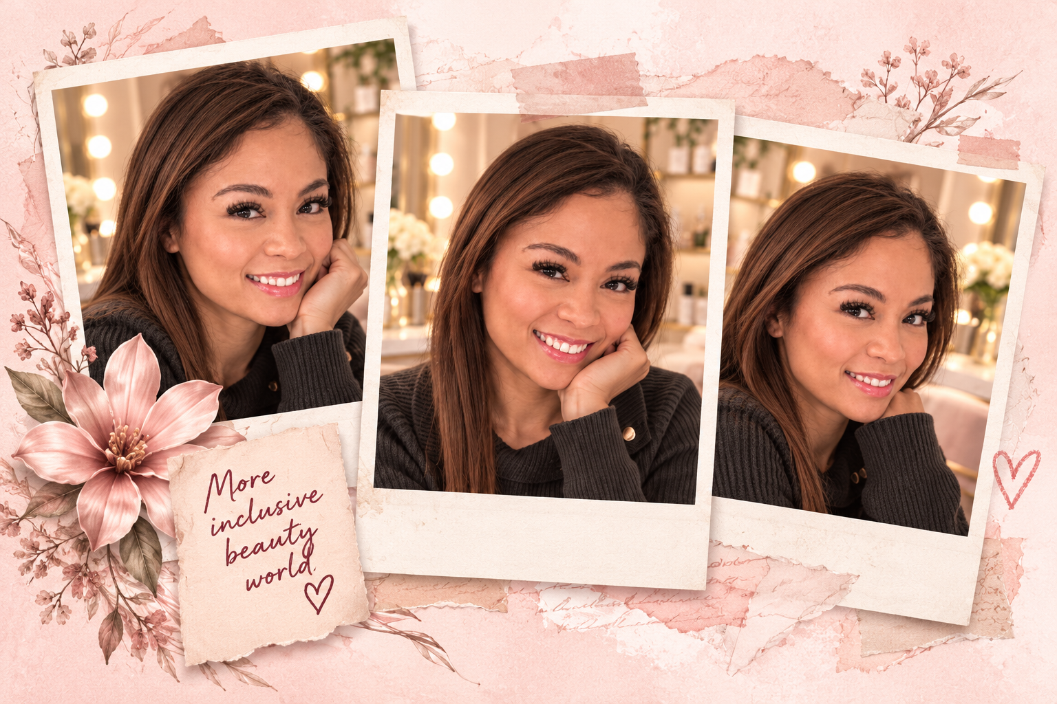 Three scrapbook portraits of Danikka in her beauty studio